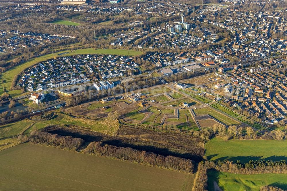 Aerial image Duisburg - Residential area construction site of a mixed development with multi-family houses and single-family houses- New building at the Am Alten Angerbach in the district Huckingen in Duisburg at Ruhrgebiet in the state North Rhine-Westphalia, Germany