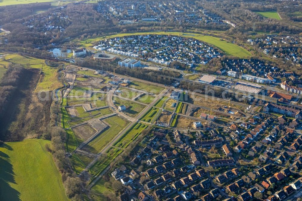 Duisburg from above - Residential area construction site of a mixed development with multi-family houses and single-family houses- New building at the Am Alten Angerbach in the district Huckingen in Duisburg at Ruhrgebiet in the state North Rhine-Westphalia, Germany