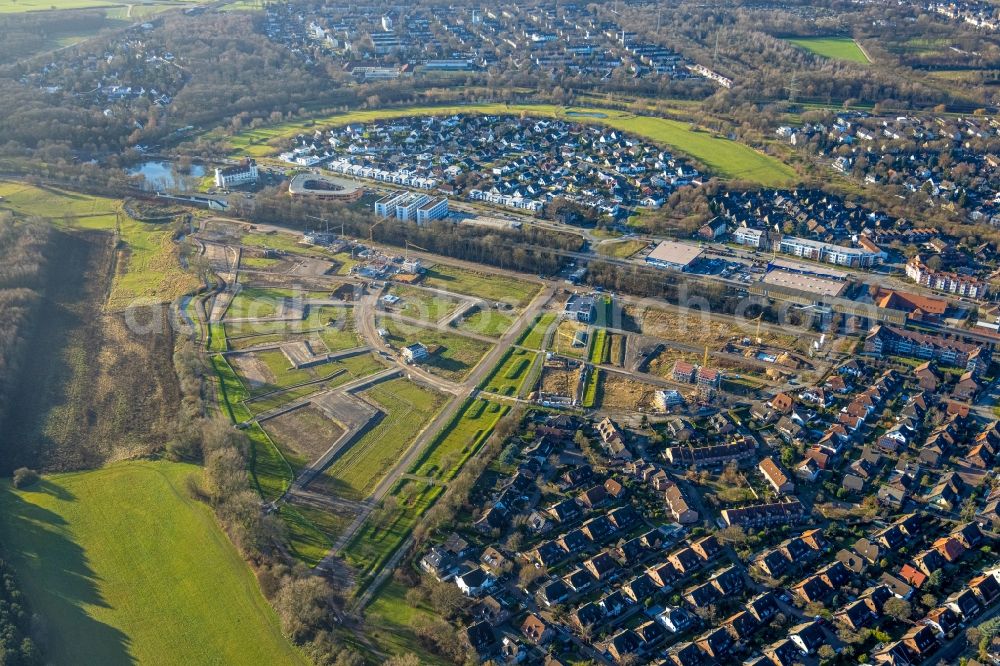 Aerial image Duisburg - Residential area construction site of a mixed development with multi-family houses and single-family houses- New building at the Am Alten Angerbach in the district Huckingen in Duisburg at Ruhrgebiet in the state North Rhine-Westphalia, Germany