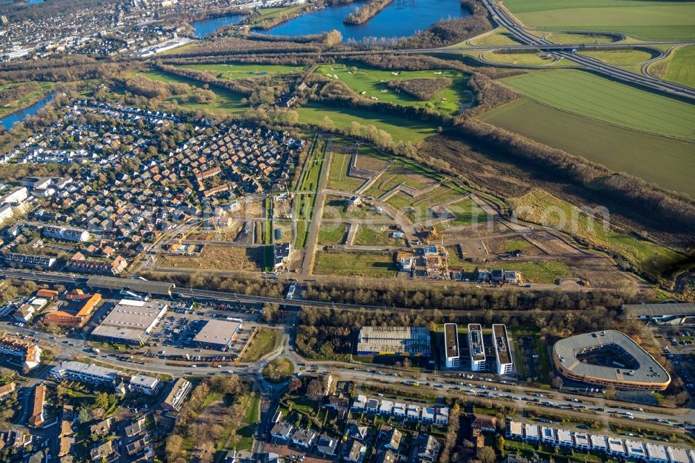 Duisburg from above - Residential area construction site of a mixed development with multi-family houses and single-family houses- New building at the Am Alten Angerbach in the district Huckingen in Duisburg at Ruhrgebiet in the state North Rhine-Westphalia, Germany