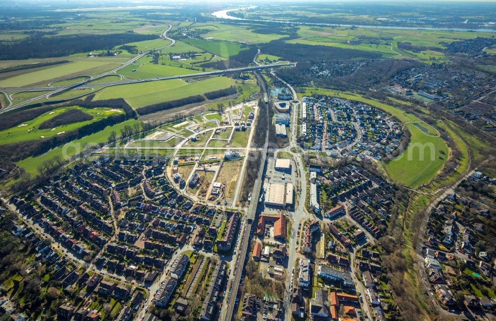 Duisburg from the bird's eye view: residential area construction site of a mixed development with multi-family houses and single-family houses- New building at the Am Alten Angerbach in the district Huckingen in Duisburg in the state North Rhine-Westphalia, Germany