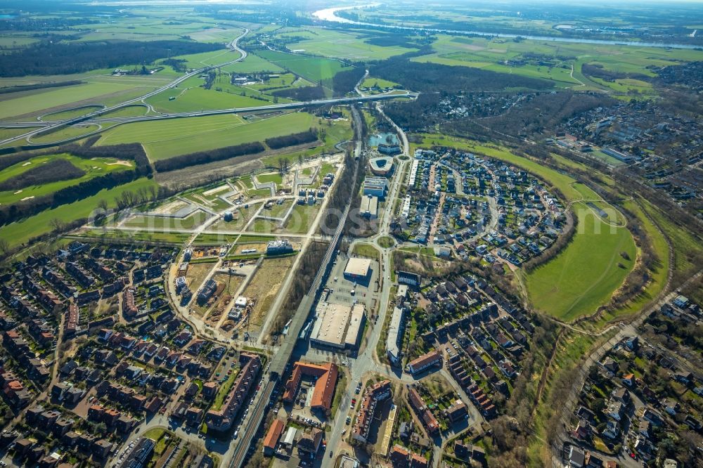 Aerial image Duisburg - residential area construction site of a mixed development with multi-family houses and single-family houses- New building at the Am Alten Angerbach in the district Huckingen in Duisburg in the state North Rhine-Westphalia, Germany