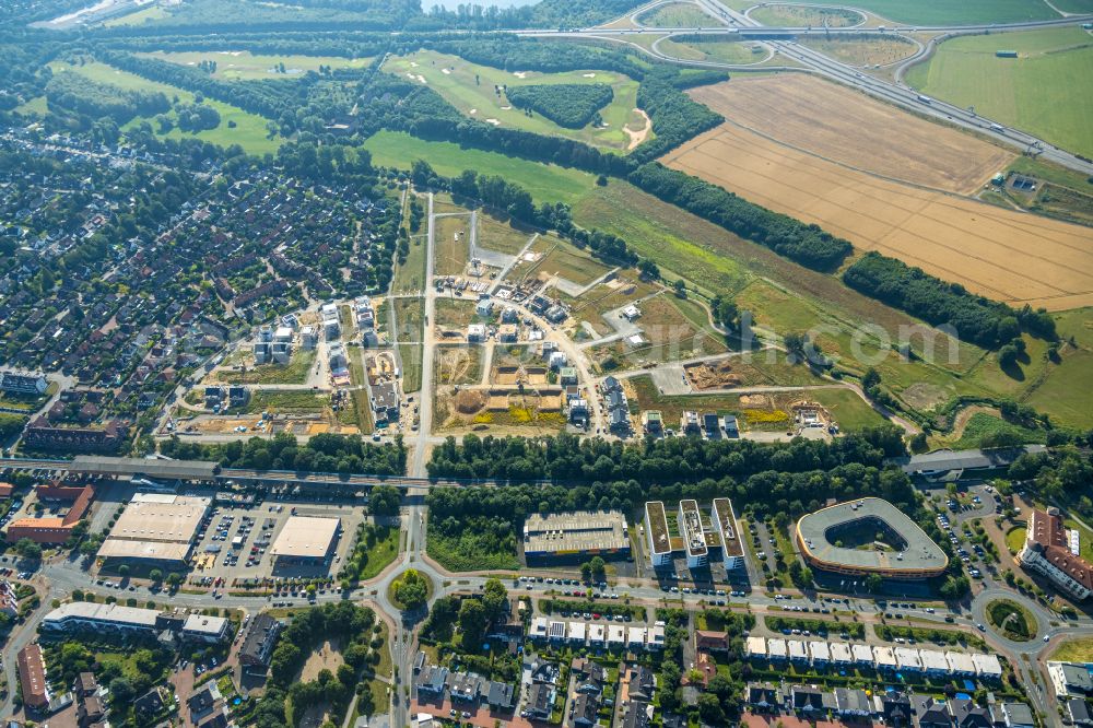 Duisburg from above - Residential area construction site of a mixed development with multi-family houses and single-family houses- New building at the Am Alten Angerbach in the district Huckingen in Duisburg at Ruhrgebiet in the state North Rhine-Westphalia, Germany