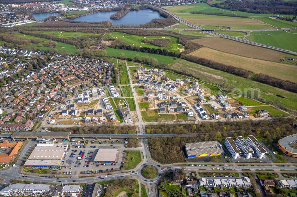 Aerial image Duisburg - residential area construction site of a mixed development with multi-family houses and single-family houses- New building at the Am Alten Angerbach in Duisburg at Ruhrgebiet in the state North Rhine-Westphalia, Germany