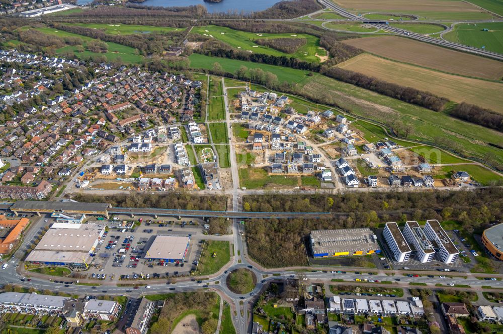 Aerial photograph Duisburg - residential area construction site of a mixed development with multi-family houses and single-family houses- New building at the Am Alten Angerbach in Duisburg at Ruhrgebiet in the state North Rhine-Westphalia, Germany