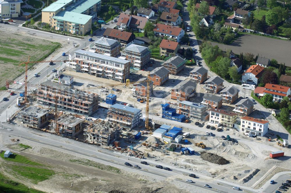 Garching from the bird's eye view: Baustelle des Wohnneubaugebietes am Professor-Angermair-Ring / Mühlfeldweg in Garching bei München. Ein Projekt der Concept Bau - Premier GmbH.