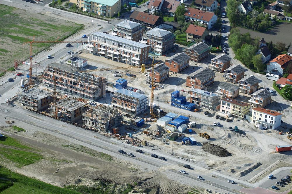 Aerial image Garching - Baustelle des Wohnneubaugebietes am Professor-Angermair-Ring / Mühlfeldweg in Garching bei München. Ein Projekt der Concept Bau - Premier GmbH.