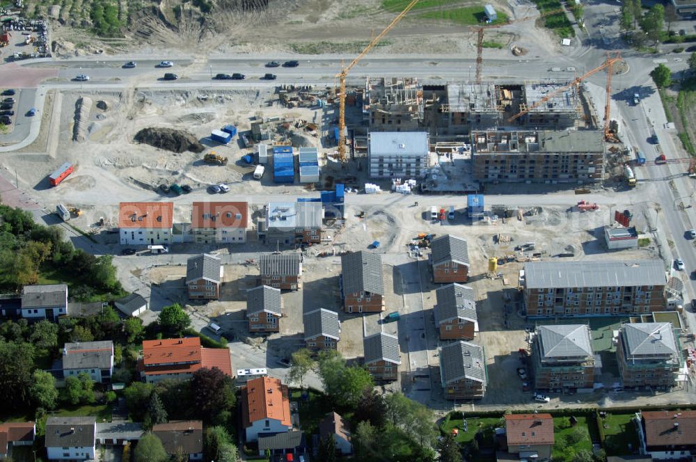 Aerial image Garching - Baustelle des Wohnneubaugebietes am Professor-Angermair-Ring / Mühlfeldweg in Garching bei München. Ein Projekt der Concept Bau - Premier GmbH.