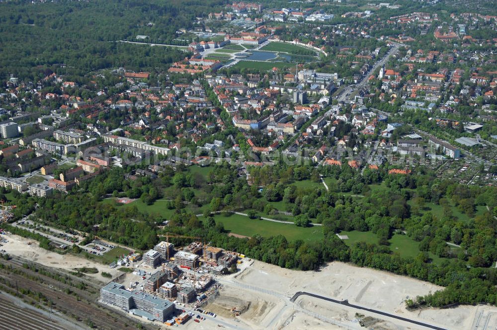 München from above - Baustelle des Wohnneubaugebietes Wotan- Winfriedstrasse am Hirchgarten der Concept Bau - Premier GmbH.