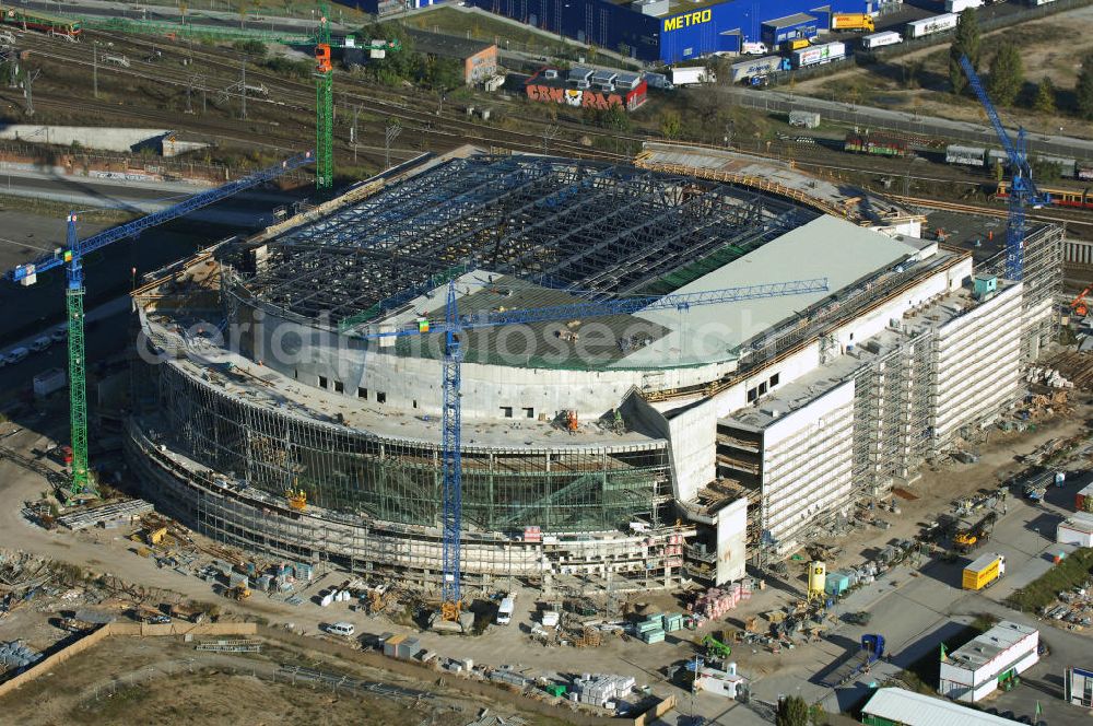 Berlin from above - Construction site of the event hall O2-World at the Medi-Spree a development area at the old post station area in Berlin - Friedrichshain