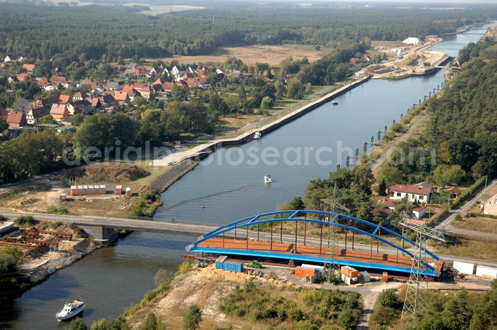 Aerial image Wusterwitz - Blick auf die Baustelle des Neubau der Wusterwitzer Straßenbrücke. Die Brücke wurde im Jahr 2008/2009 erbaut und überführt den Elbe-Havel-Kanal bei km 377,713. Ein Projekt des WSV: Wasserstraßen-Neubauamt Magdeburg, 39106 Magdeburg, Tel. +49(0)391 535-0, email: wna-magdeburg@wsv.bund.de