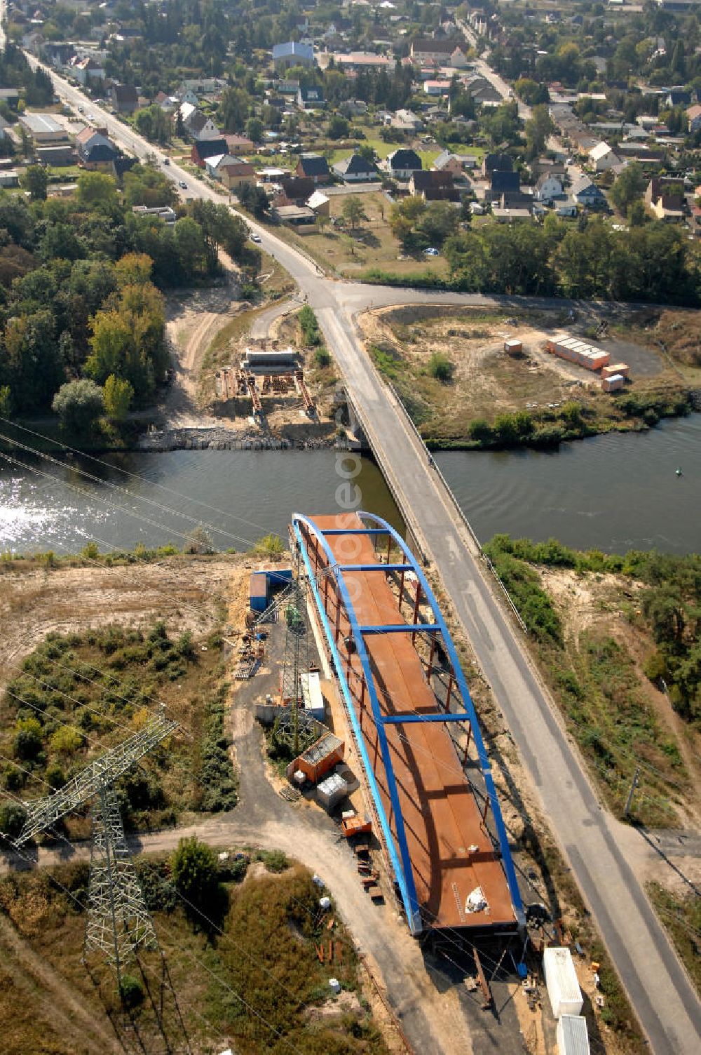 Aerial photograph Wusterwitz - Blick auf die Baustelle des Neubau der Wusterwitzer Straßenbrücke. Die Brücke wurde im Jahr 2008/2009 erbaut und überführt den Elbe-Havel-Kanal bei km 377,713. Ein Projekt des WSV: Wasserstraßen-Neubauamt Magdeburg, 39106 Magdeburg, Tel. +49(0)391 535-0, email: wna-magdeburg@wsv.bund.de