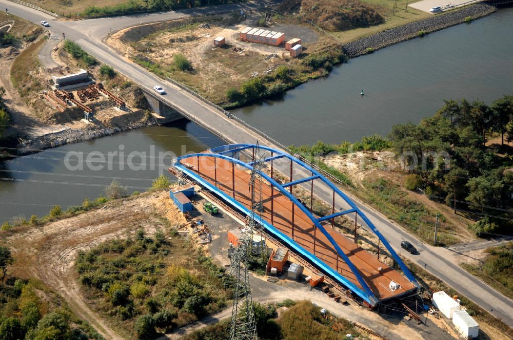 Aerial photograph Wusterwitz - Blick auf die Baustelle des Neubau der Wusterwitzer Straßenbrücke. Die Brücke wurde im Jahr 2008/2009 erbaut und überführt den Elbe-Havel-Kanal bei km 377,713. Ein Projekt des WSV: Wasserstraßen-Neubauamt Magdeburg, 39106 Magdeburg, Tel. +49(0)391 535-0, email: wna-magdeburg@wsv.bund.de