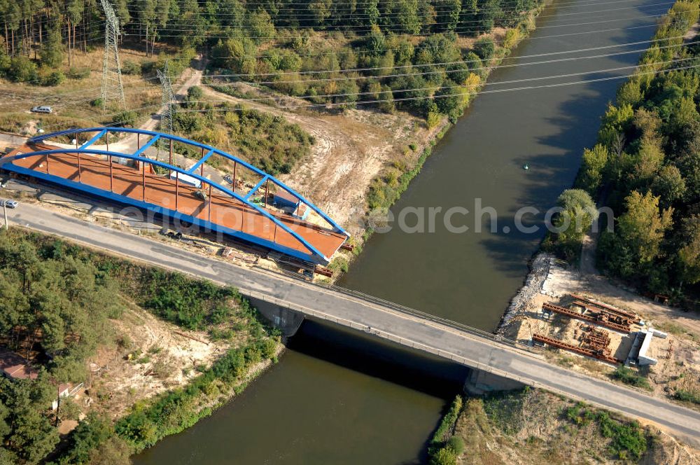 Aerial image Wusterwitz - Blick auf die Baustelle des Neubau der Wusterwitzer Straßenbrücke. Die Brücke wurde im Jahr 2008/2009 erbaut und überführt den Elbe-Havel-Kanal bei km 377,713. Ein Projekt des WSV: Wasserstraßen-Neubauamt Magdeburg, 39106 Magdeburg, Tel. +49(0)391 535-0, email: wna-magdeburg@wsv.bund.de