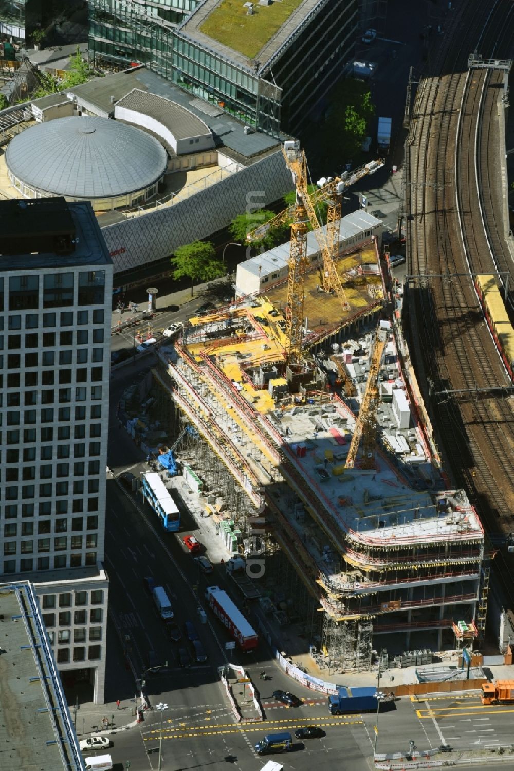 Berlin from above - Construction site of ZOOM BERLIN - business building at the Kantstrasse - Joachimsthalerstrasse - Hardenbergstrasse in the district of Charlottenburg-Wilmersdorf district in Berlin, Germany