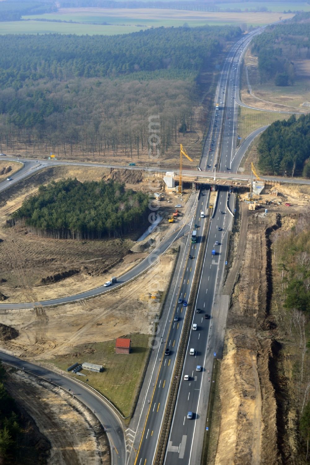 Kremmen from above - Construction site of expansion of the junction Kremmen - Havelland at the motorway A10 and A24 in the state Brandenburg