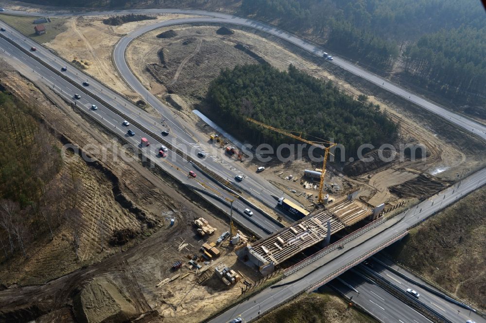 Kremmen from the bird's eye view: Construction site of expansion of the junction Kremmen - Havelland at the motorway A10 and A24 in the state Brandenburg