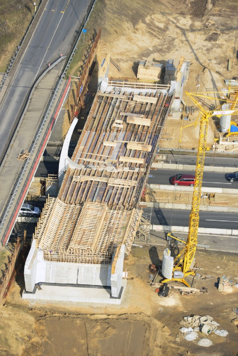 Kremmen from above - Construction site of expansion of the junction Kremmen - Havelland at the motorway A10 and A24 in the state Brandenburg