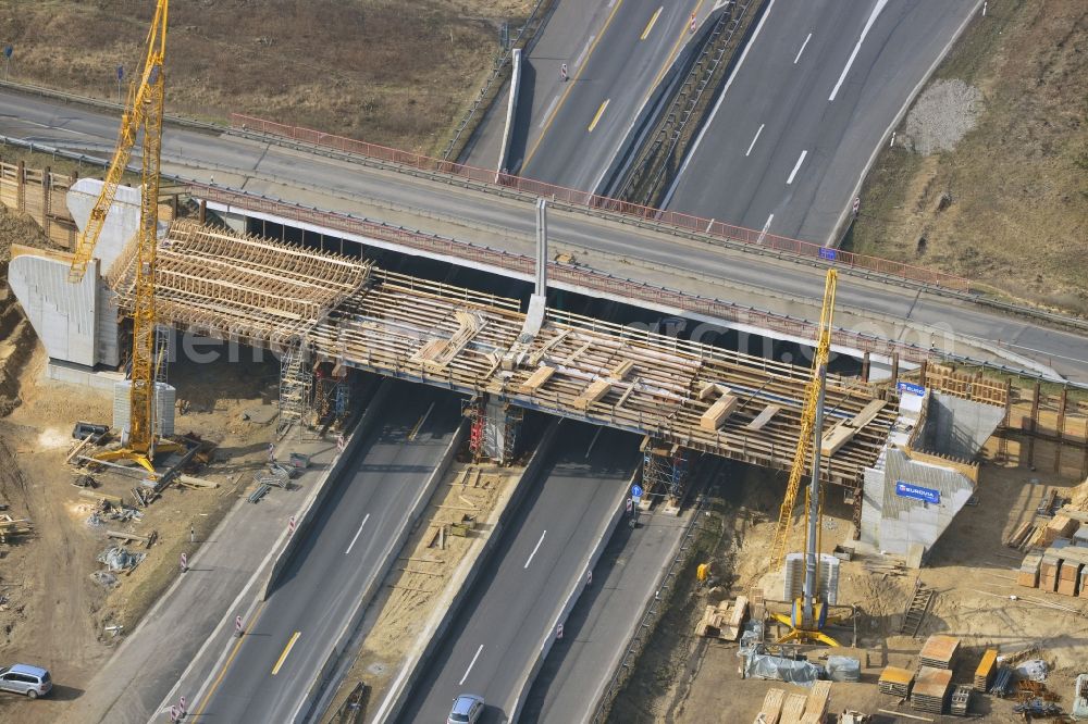 Kremmen from above - Construction site of expansion of the junction Kremmen - Havelland at the motorway A10 and A24 in the state Brandenburg