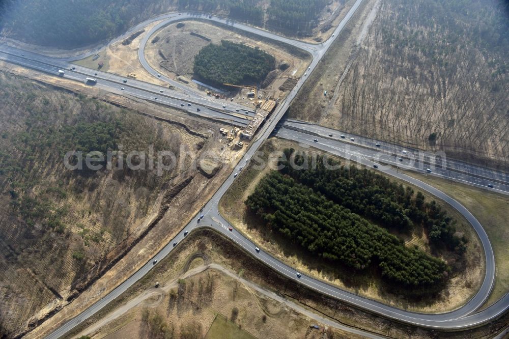 Kremmen from the bird's eye view: Construction site of expansion of the junction Kremmen - Havelland at the motorway A10 and A24 in the state Brandenburg