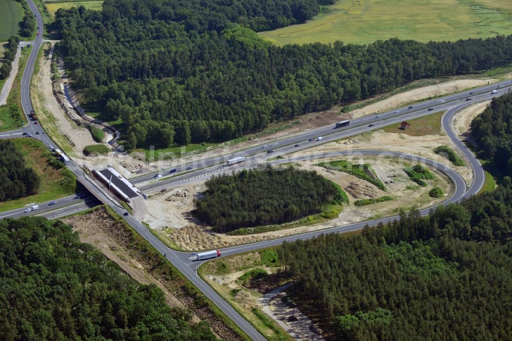 Aerial image Kremmen - Construction site of expansion of the junction Kremmen - Havelland at the motorway A10 and A24 in the state Brandenburg