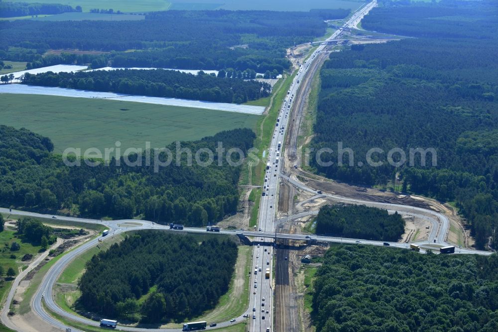 Aerial image Kremmen - Construction site of expansion of the junction Kremmen - Havelland at the motorway A10 and A24 in the state Brandenburg