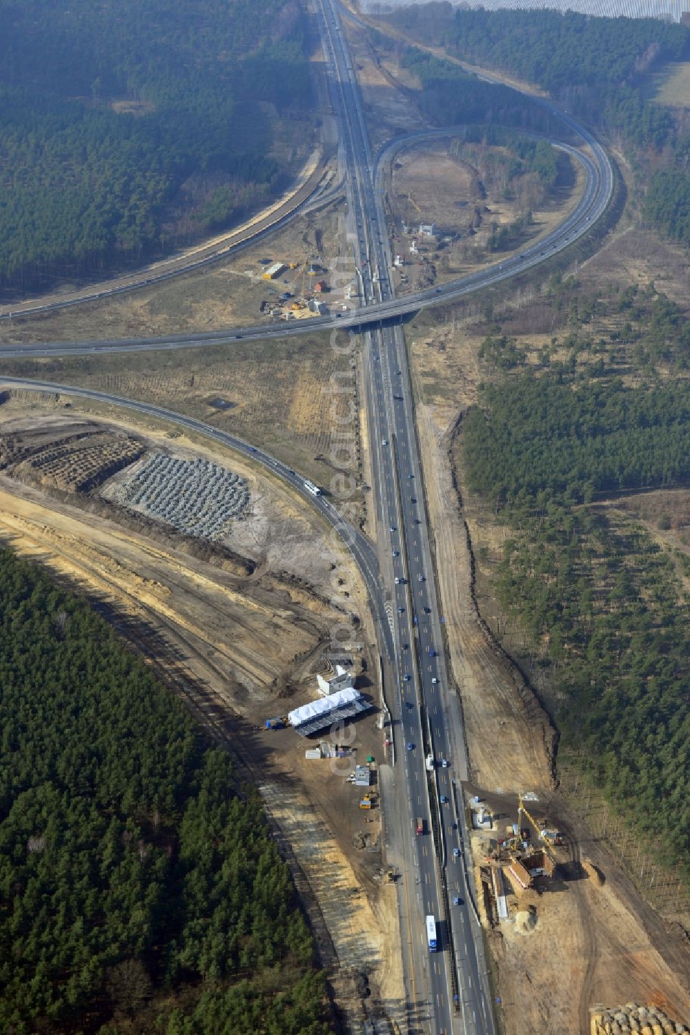 Groß Ziethen from the bird's eye view: Construction site of the junction Havelland at the motorway A10 and A24 in the state Brandenburg