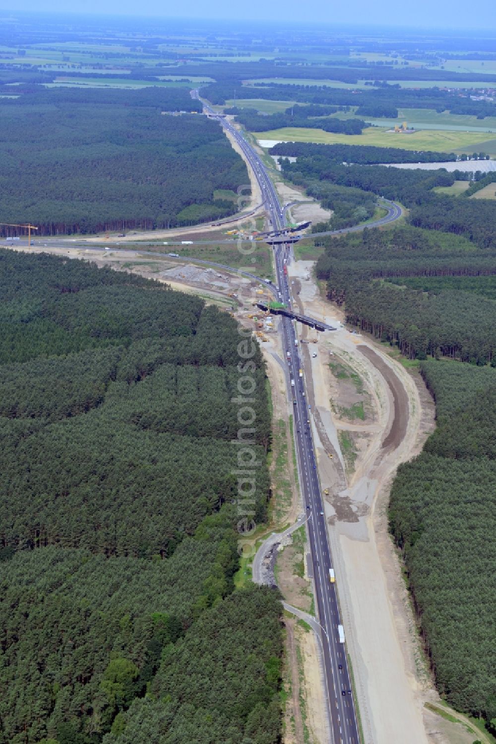 Groß Ziethen from the bird's eye view: Construction site of the junction Havelland at the motorway A10 and A24 in the state Brandenburg