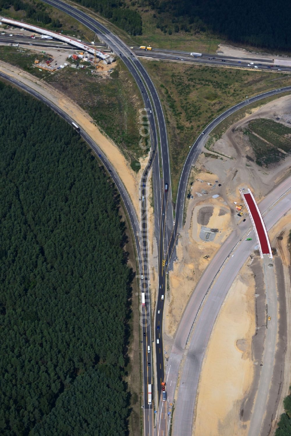 Groß Ziethen from the bird's eye view: Construction site of the junction Havelland at the motorway A10 and A24 in the state Brandenburg