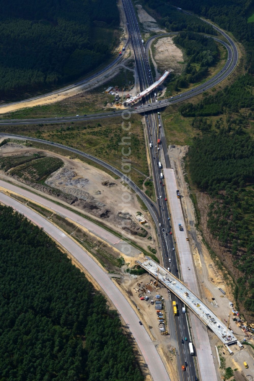 Groß Ziethen from the bird's eye view: Construction site of the junction Havelland at the motorway A10 and A24 in the state Brandenburg