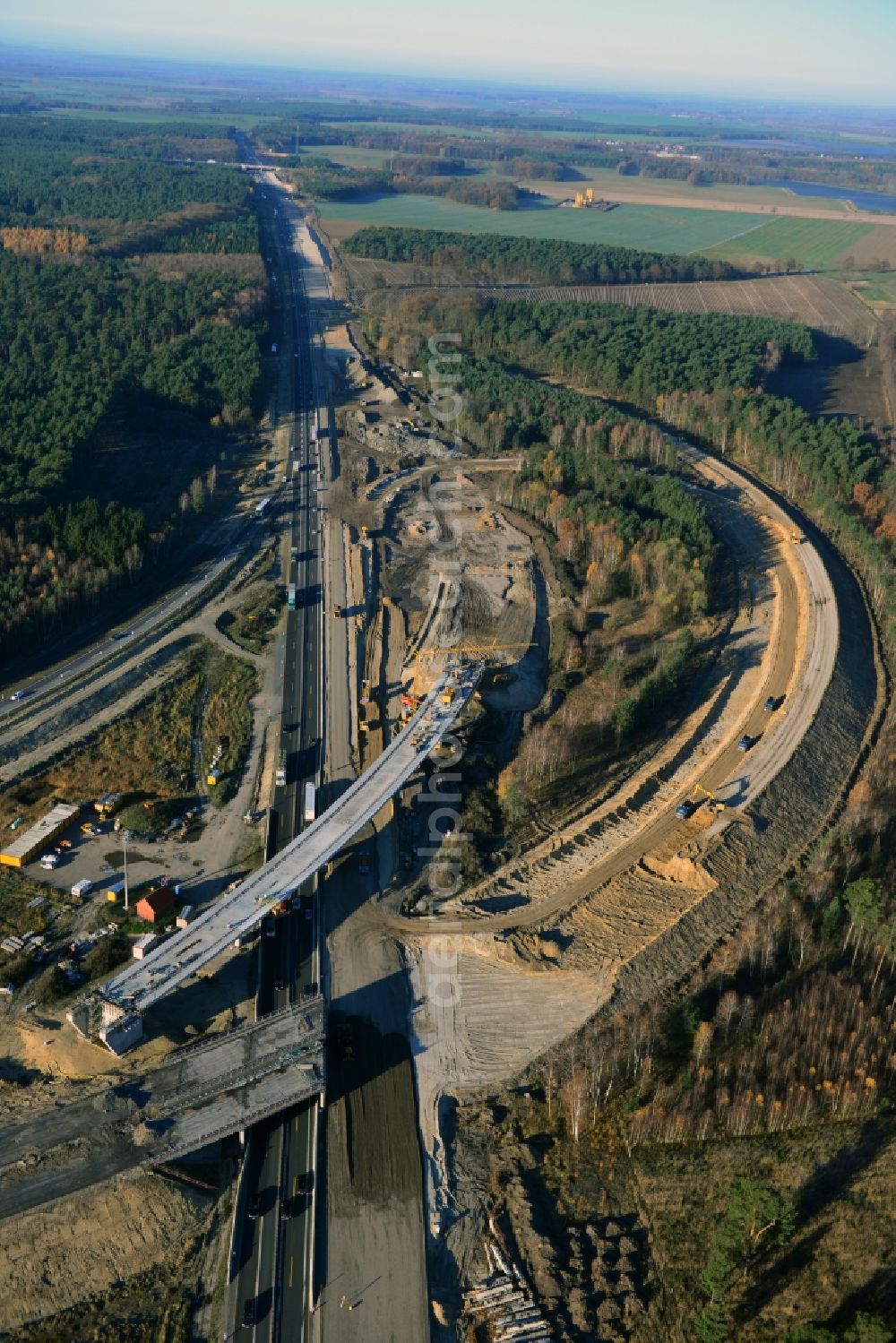 Groß Ziethen from the bird's eye view: Construction site of the junction Havelland at the motorway A10 and A24 in the state Brandenburg