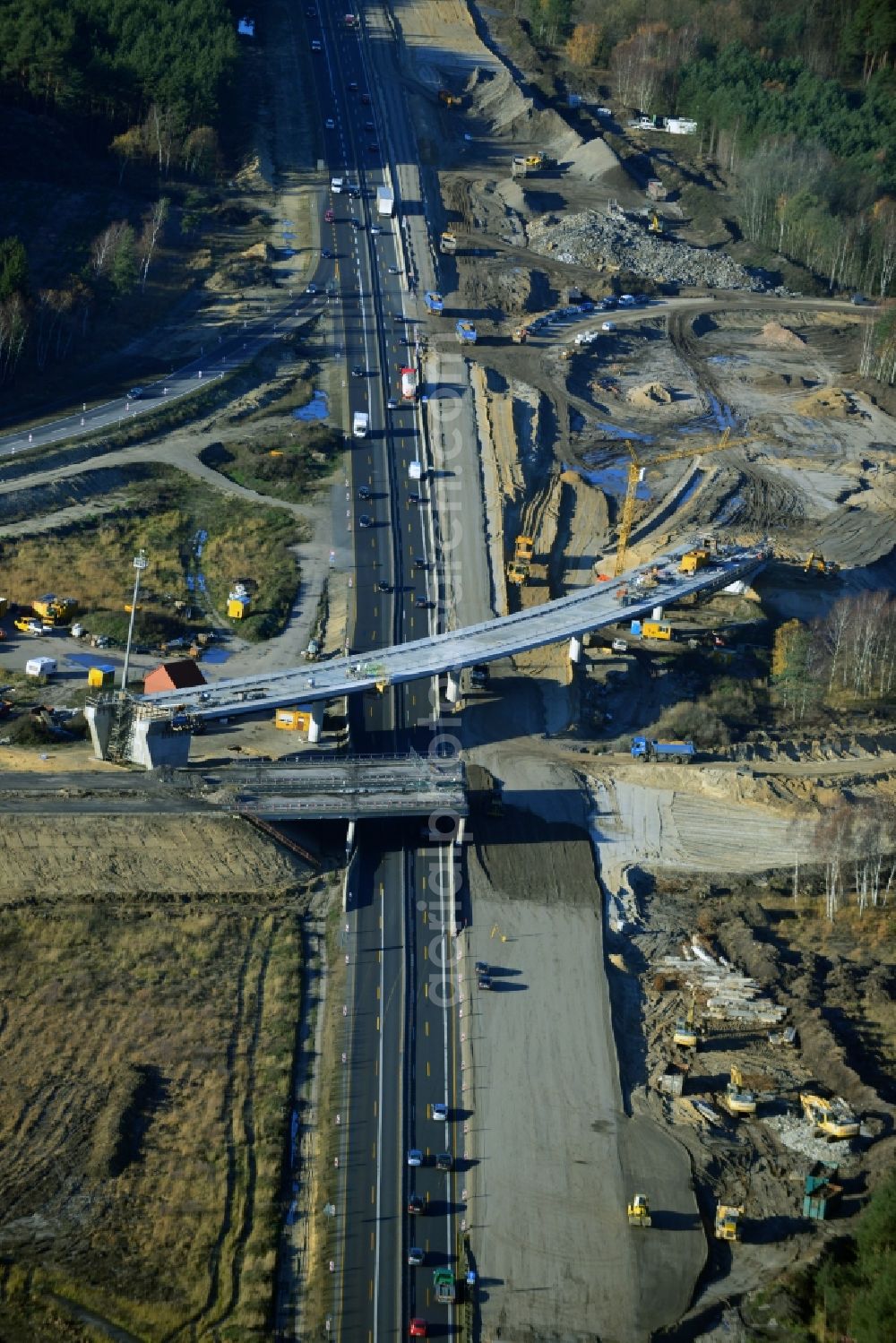 Groß Ziethen from the bird's eye view: Construction site of the junction Havelland at the motorway A10 and A24 in the state Brandenburg