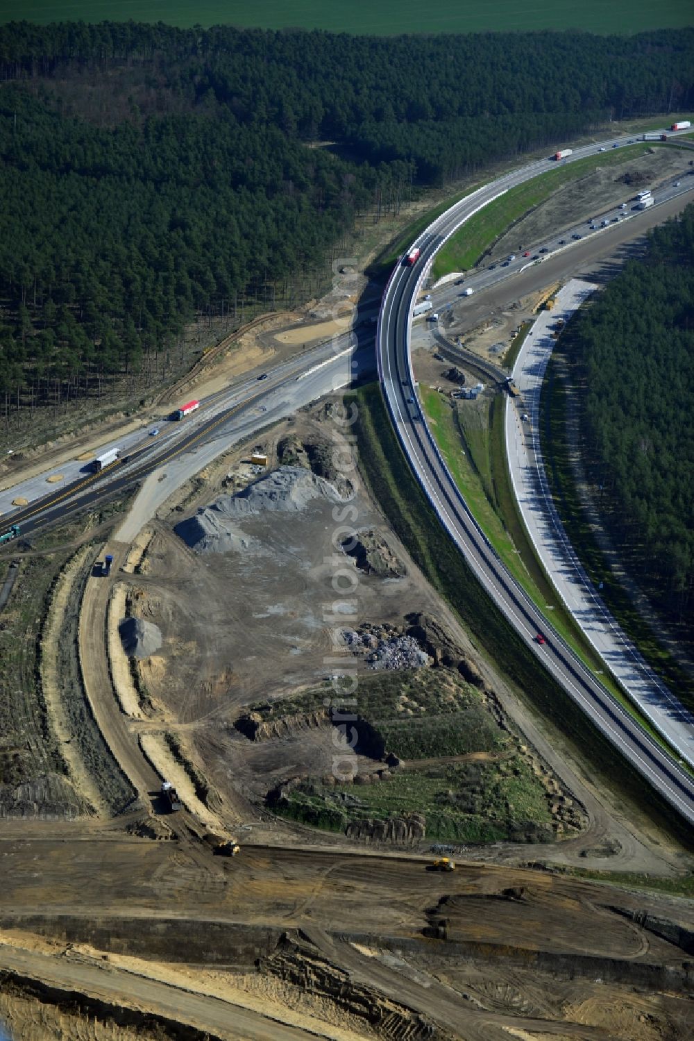 Groß Ziethen from the bird's eye view: Construction site of the junction Havelland at the motorway A10 and A24 in the state Brandenburg