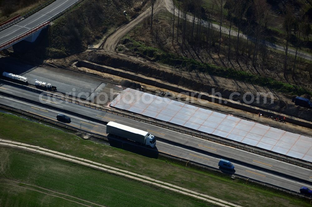 Groß Ziethen from the bird's eye view: Construction site of the junction Havelland at the motorway A10 and A24 in the state Brandenburg