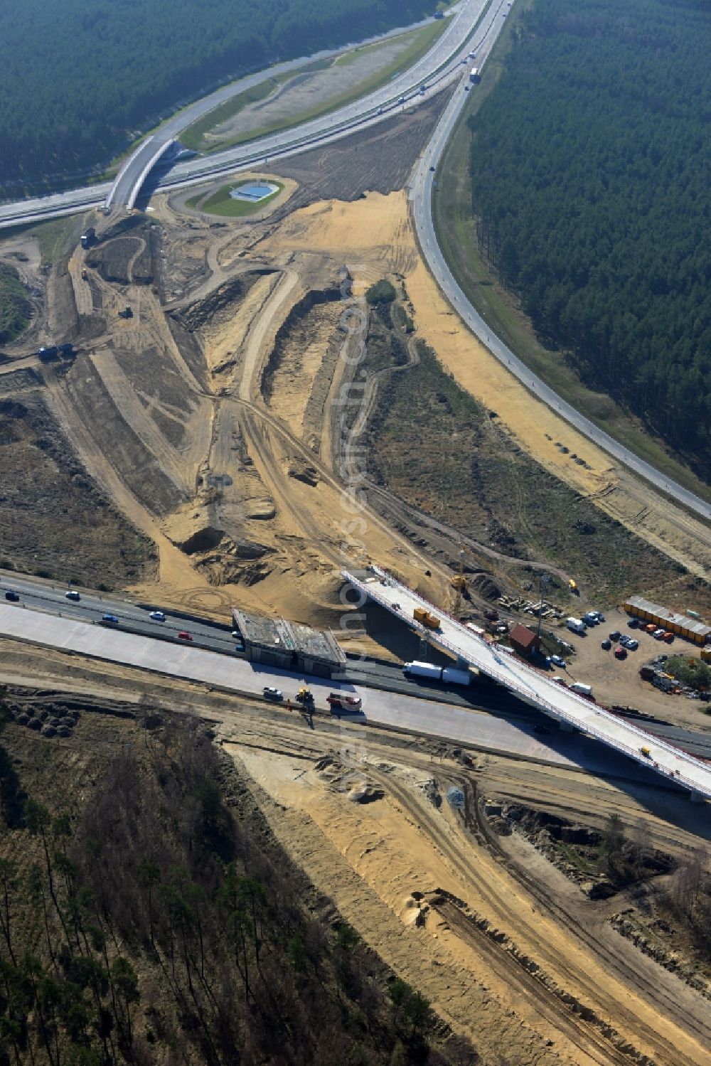 Groß Ziethen from the bird's eye view: Construction site of the junction Havelland at the motorway A10 and A24 in the state Brandenburg