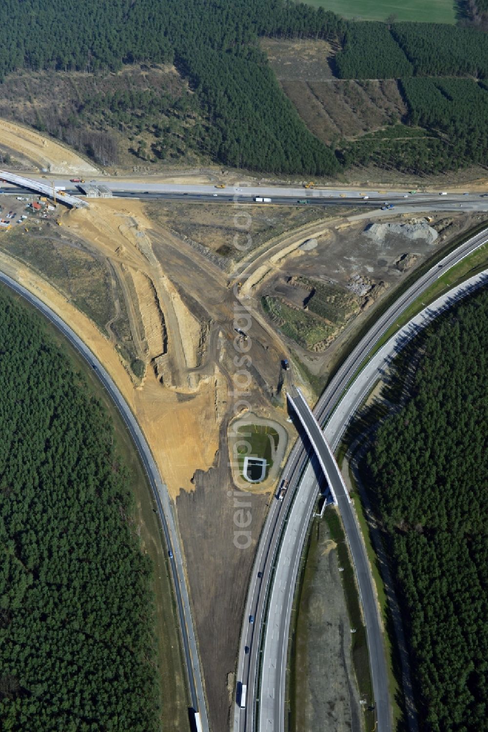 Groß Ziethen from the bird's eye view: Construction site of the junction Havelland at the motorway A10 and A24 in the state Brandenburg