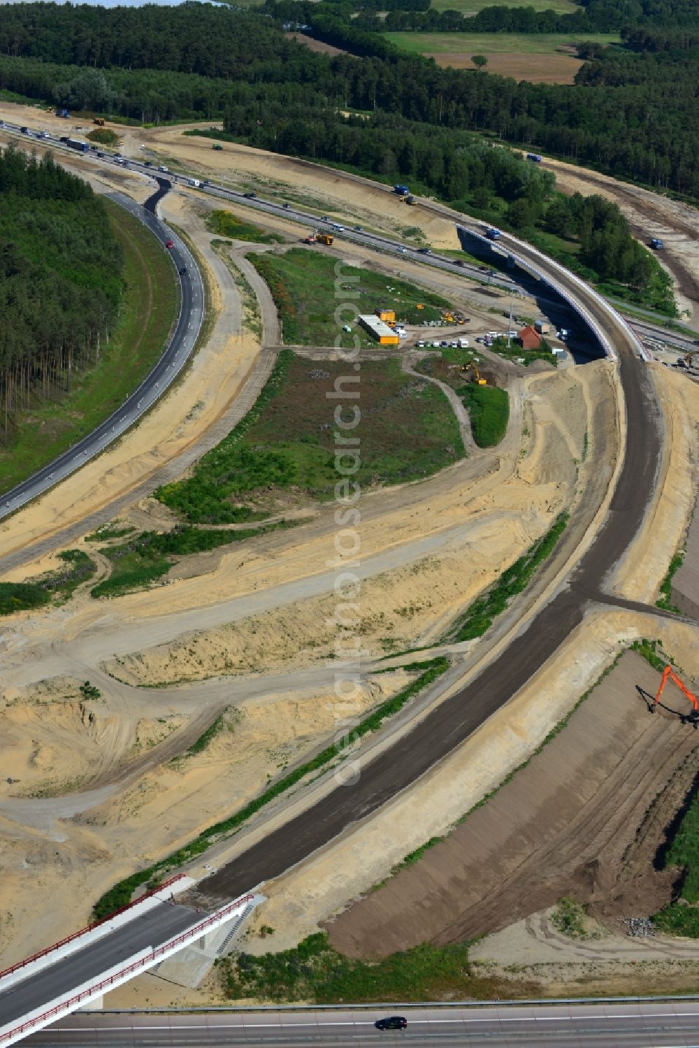 Groß Ziethen from the bird's eye view: Construction site of the junction Havelland at the motorway A10 and A24 in the state Brandenburg