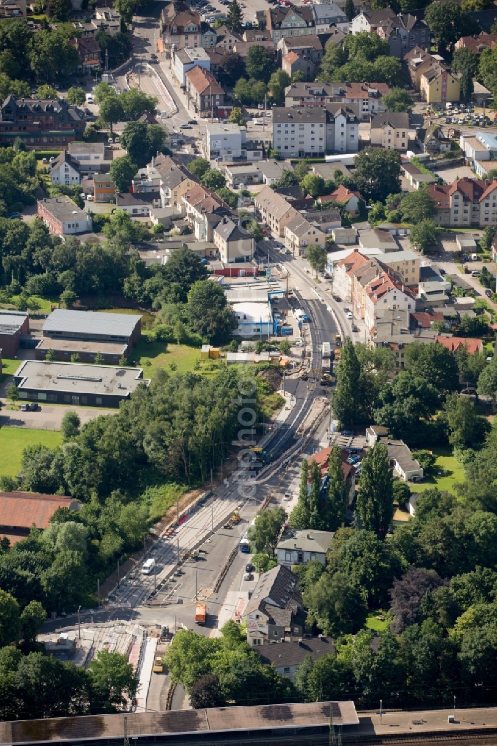 Aerial photograph Bochum - Construction site for the expansion of the main road in Langendreer in Bochum in North Rhine-Westphalia