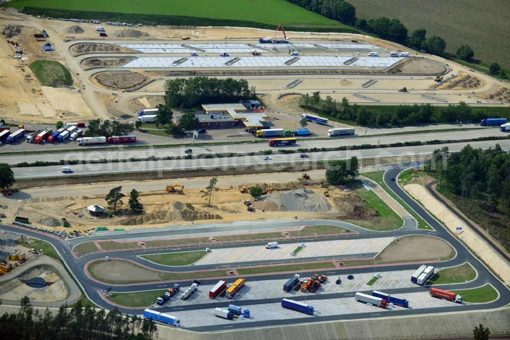 Behringen from the bird's eye view: Construction site for the development of truck parking at the BAB A7 motorway at the service area at Brunautal Behringen in Lower Saxony