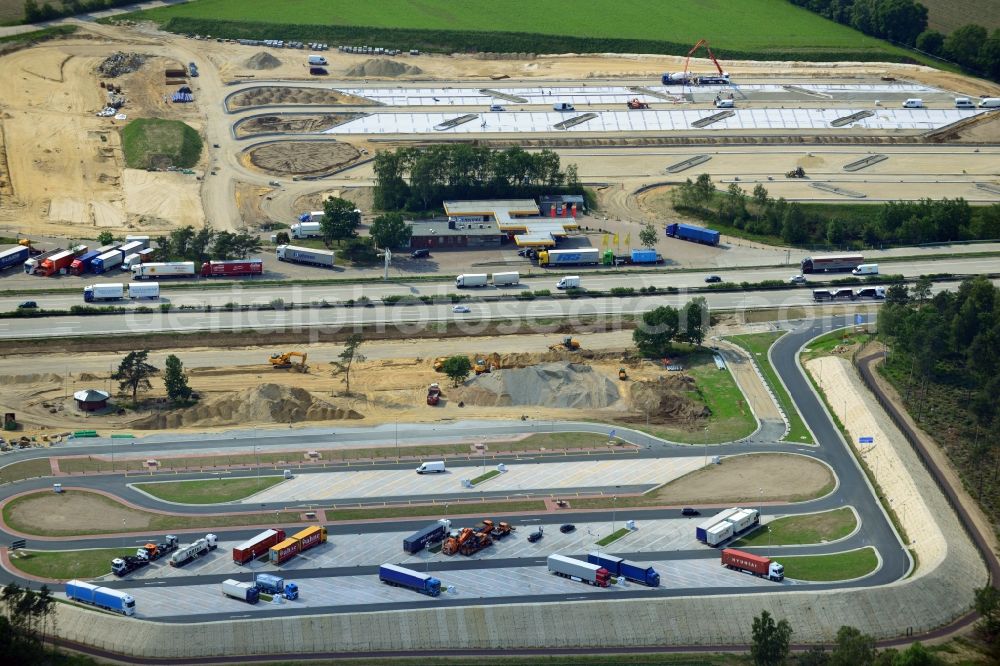 Behringen from above - Construction site for the development of truck parking at the BAB A7 motorway at the service area at Brunautal Behringen in Lower Saxony