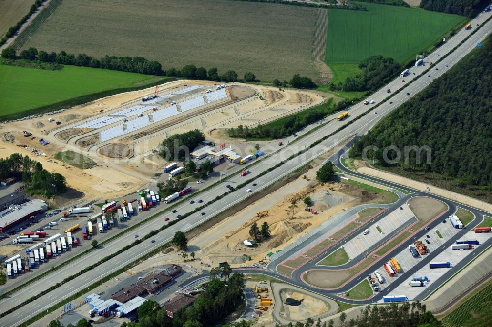 Behringen from the bird's eye view: Construction site for the development of truck parking at the BAB A7 motorway at the service area at Brunautal Behringen in Lower Saxony