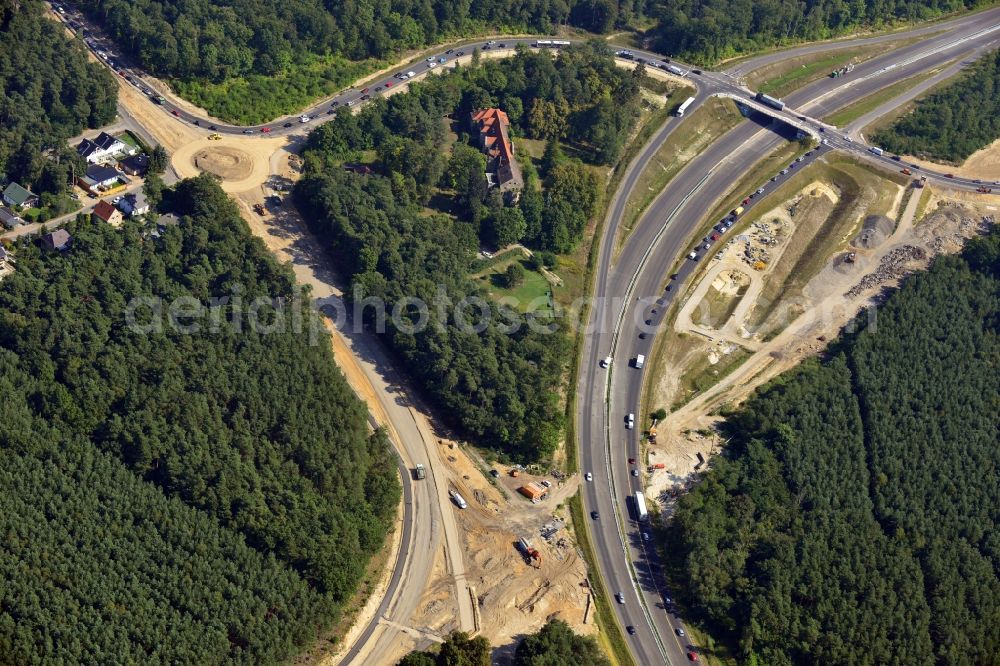 Aerial image Stahnsdorf OT Güterfelde - Construction for the expansion and reconstruction of the country's road to L40 bypass Güterfelde in Brandenburg