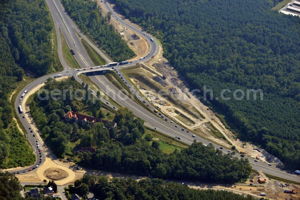 Stahnsdorf OT Güterfelde from the bird's eye view: Construction for the expansion and reconstruction of the country's road to L40 bypass Güterfelde in Brandenburg