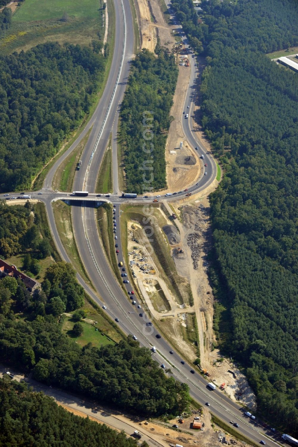 Aerial image Stahnsdorf OT Güterfelde - Construction for the expansion and reconstruction of the country's road to L40 bypass Güterfelde in Brandenburg