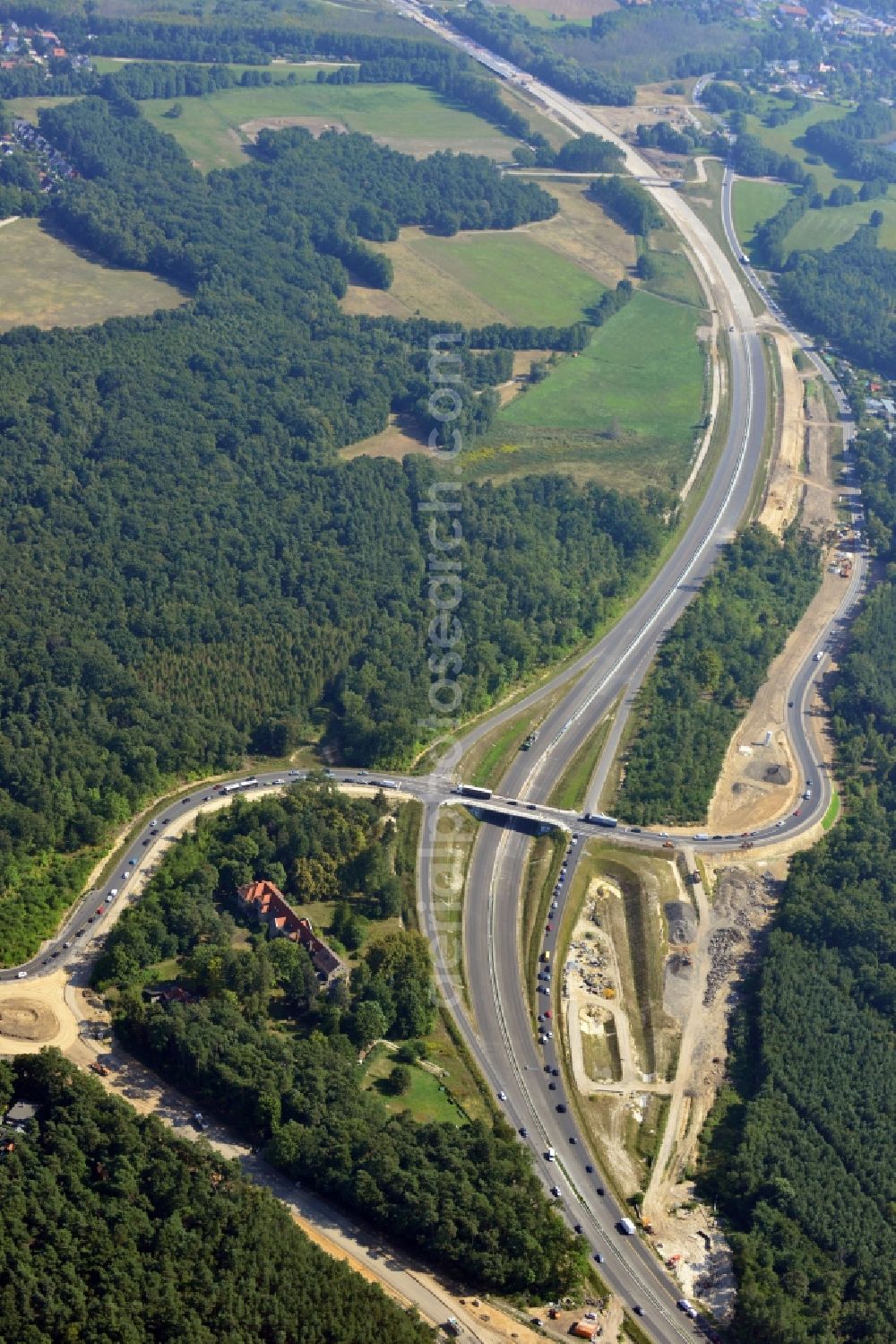 Stahnsdorf OT Güterfelde from above - Construction for the expansion and reconstruction of the country's road to L40 bypass Güterfelde in Brandenburg