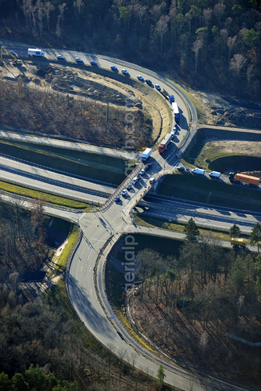 Aerial image Stahnsdorf OT Güterfelde - Construction for the expansion and reconstruction of the country's road to L40 bypass Güterfelde in Brandenburg