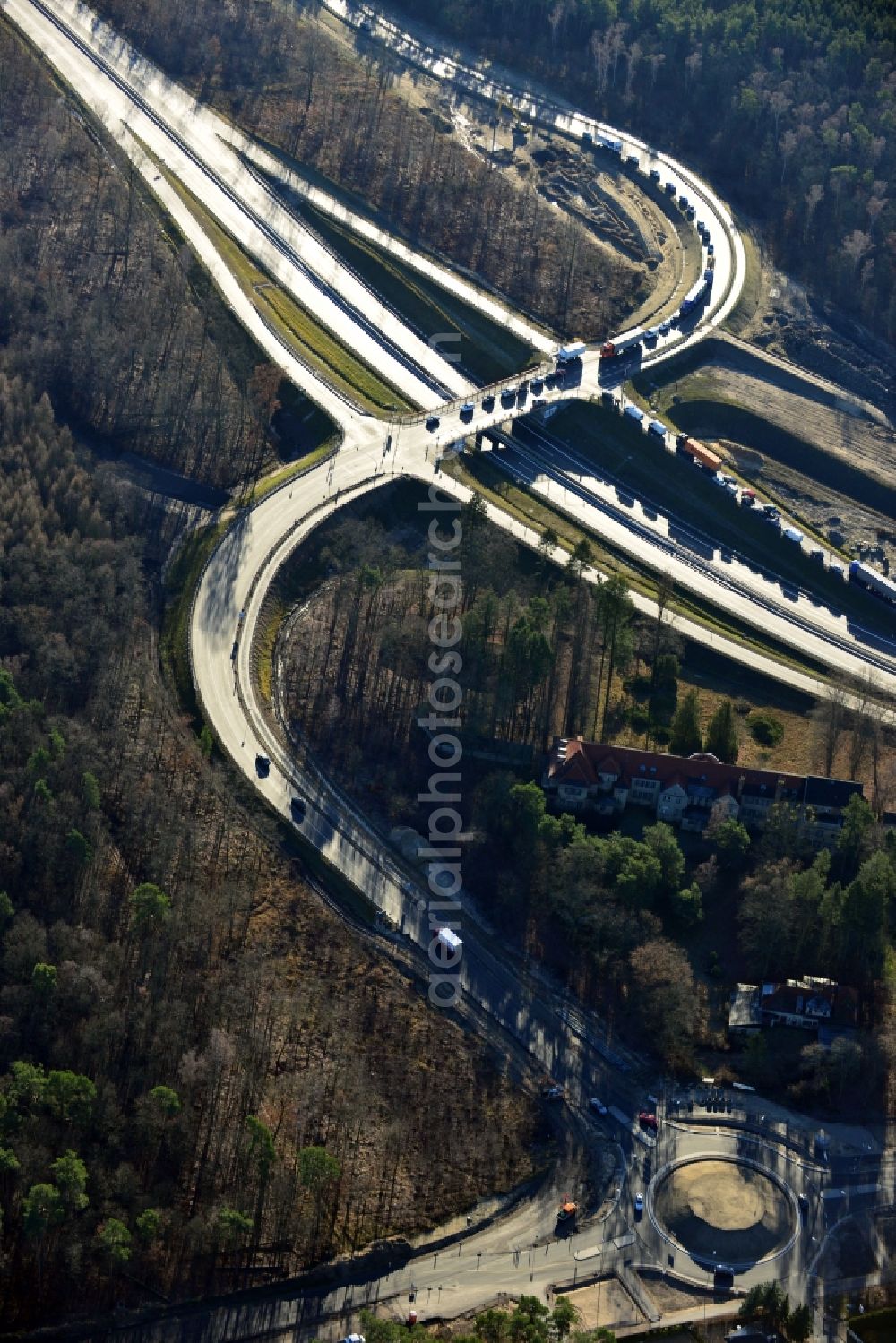 Stahnsdorf OT Güterfelde from above - Construction for the expansion and reconstruction of the country's road to L40 bypass Güterfelde in Brandenburg