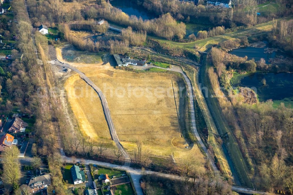 Bochum from above - Flood - retention basin - protective dam construction An den Klaerbrunnen in the district Bochum Mitte in Bochum in the state North Rhine-Westphalia, Germany