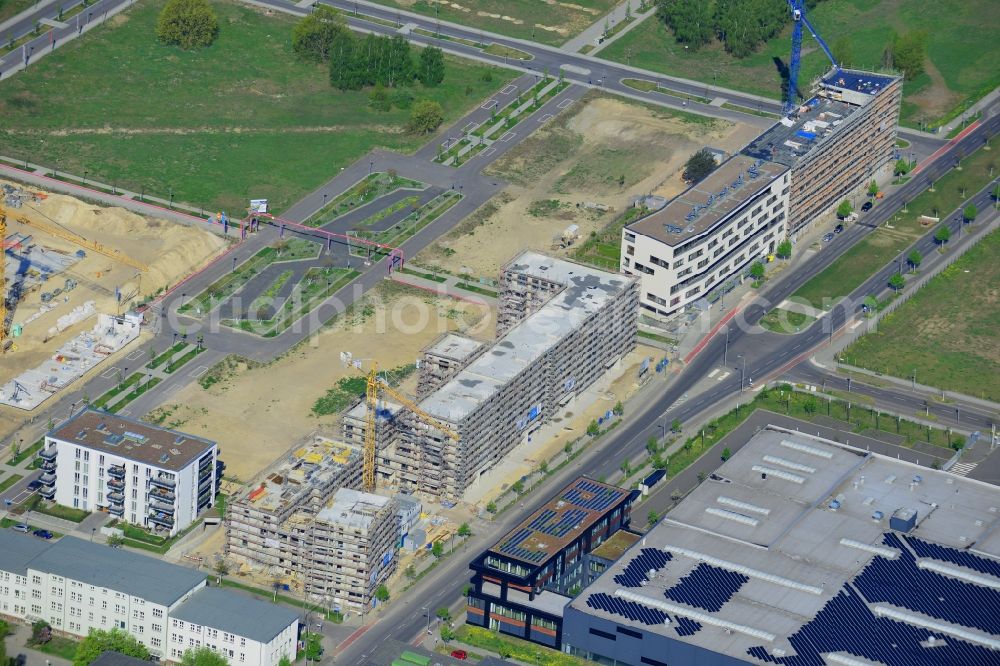 Berlin from the bird's eye view: Construction site of the residential area Isaac Newton Park in the technology park of Adlershof in the Treptow-Koepenick district of Berlin in Germany. Adlershof consists of the technology park and industrial area and wide green areas and residential estates. Elaborate architecture is characteristic for the economy location and is currently created on Newtonstrasse. Single family, multi-family and semi-detached houses are being built on site