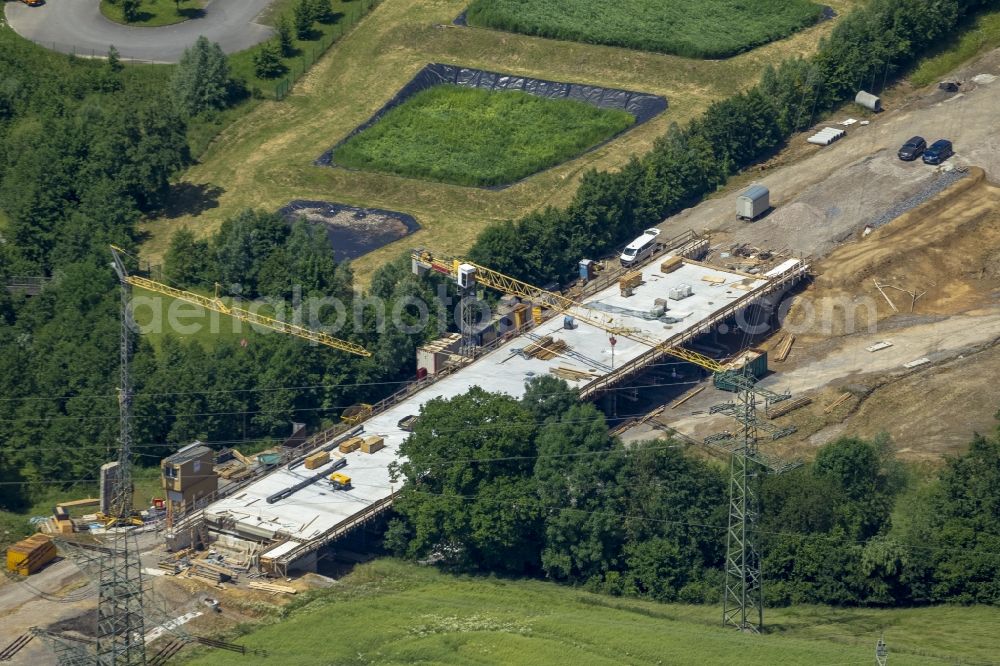 Mettmann from above - Construction site of new bridge in Linde Heider Strasse in Mettmann in North Rhine-Westphalia. Building contractor is the company Betam GmbH NL Engineering